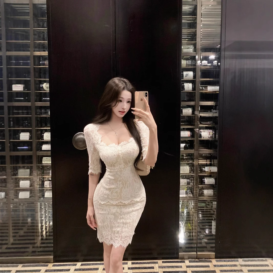 A18法式优雅气质修身中裙包臀蕾丝连衣裙女