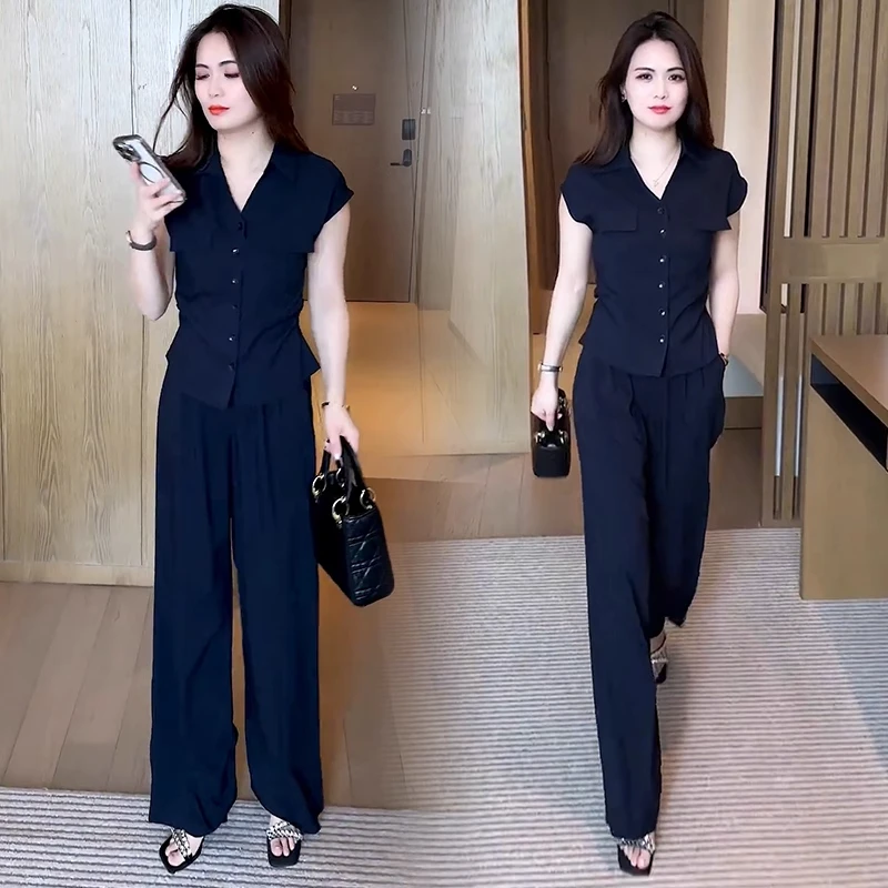 时尚气质套装女2025夏季新款洋气显瘦衬衫阔腿裤休闲百搭两件套潮