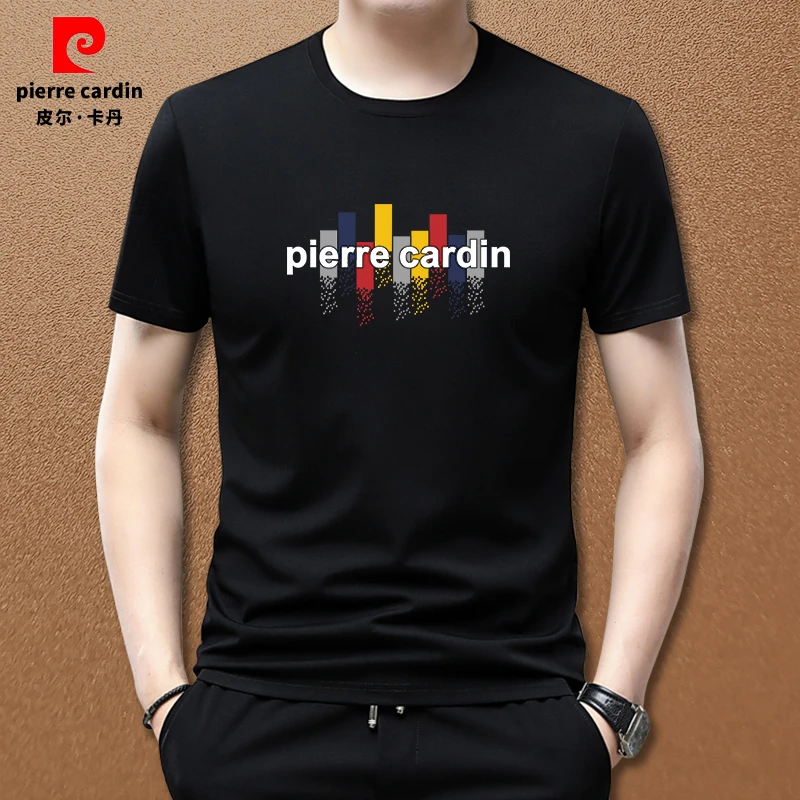皮尔卡丹男士新品圆领潮流冰丝凉感短袖简约时尚印花中青年大码男