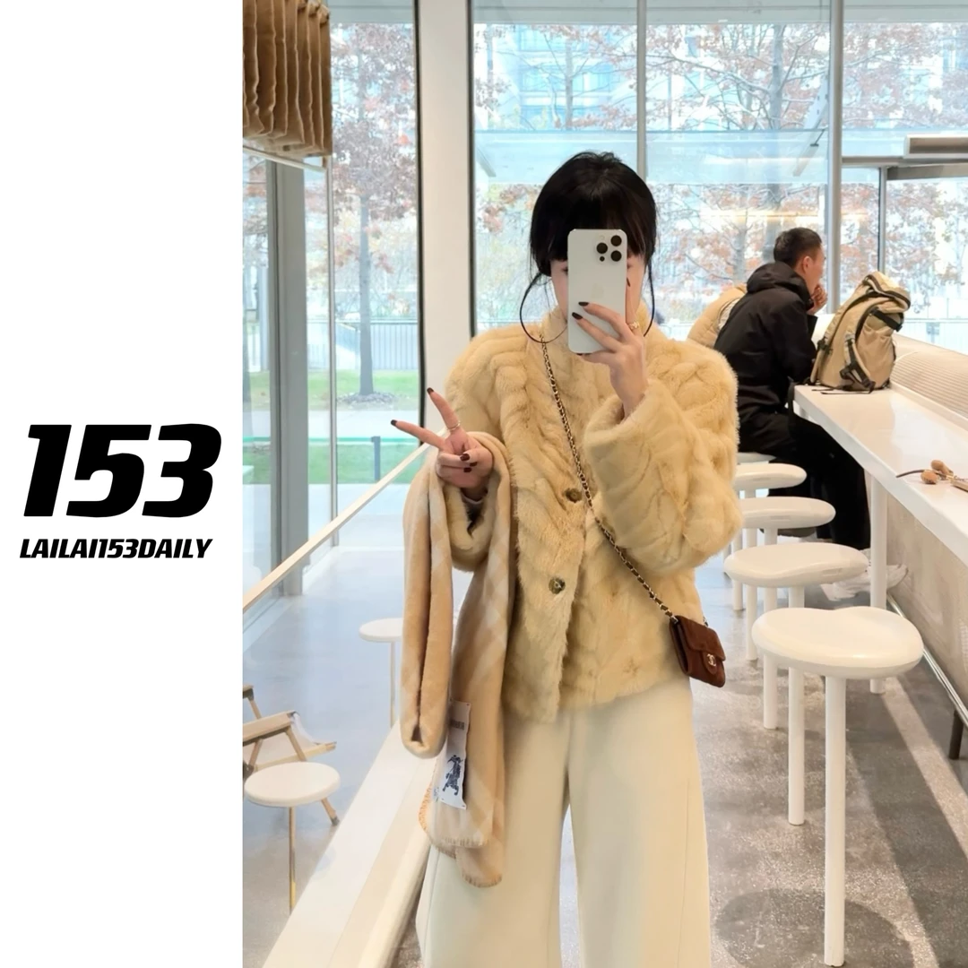 【153的日常】金叶貂V领毛毛外套百搭短款秋冬保暖25DW4866