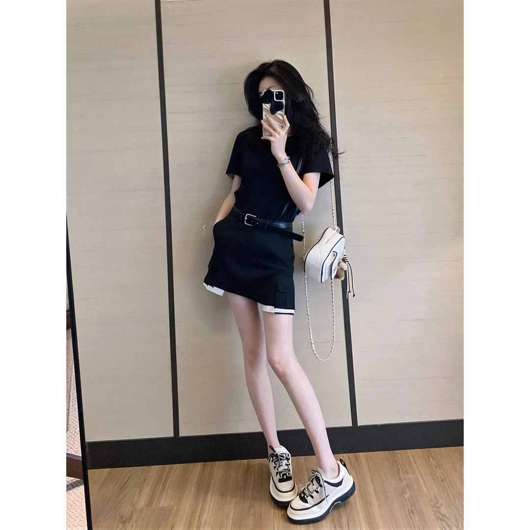 网红休闲套装女2025新款爆款洋气T恤工装半身裙黑色夏日穿搭气质