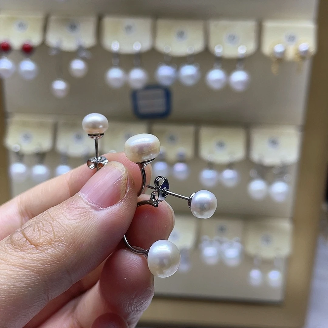 耳饰银S925镶嵌淡水珍珠