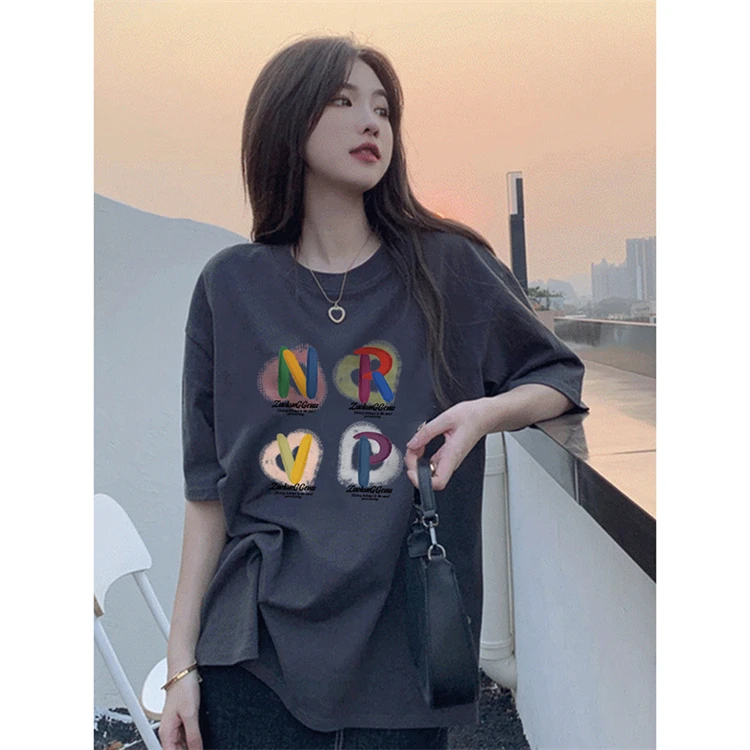 佐朗格奴纯棉220克港风字母印花短袖t恤衫女街头高级感深灰色上衣