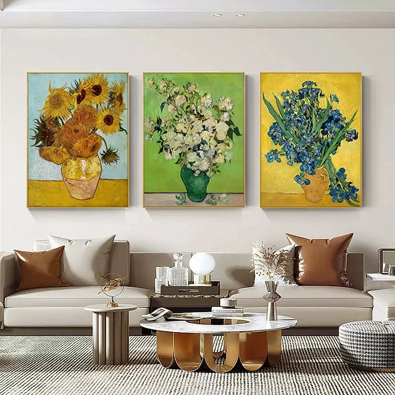 梵高向日葵手绘油画美式欧式名画三联手工客餐厅沙发背景墙装饰画