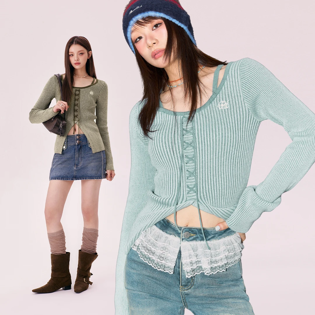 CHUU冬季女装个性假两件开叉拼接设计韩女穿搭显瘦针织衫