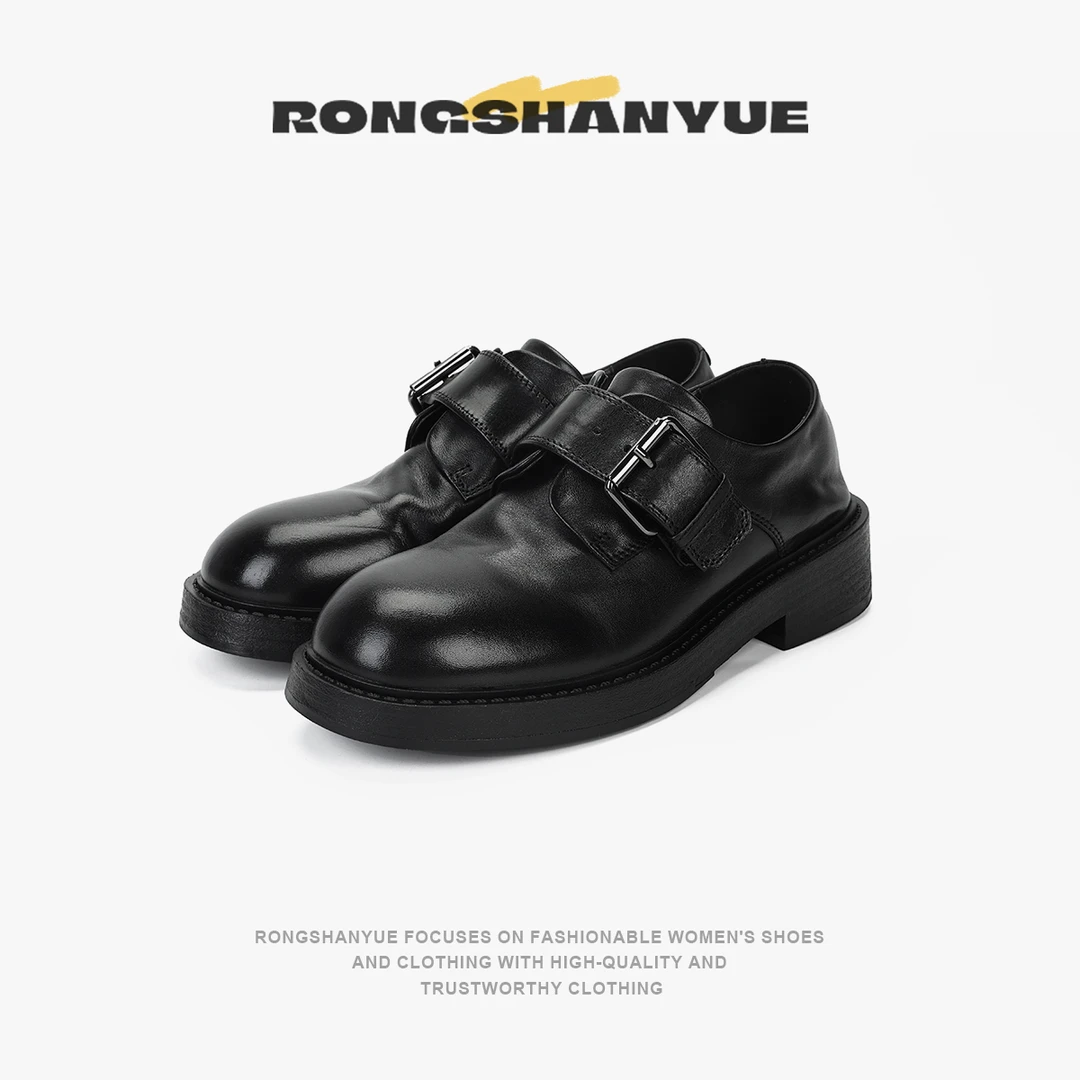 Rongshanyue复古极简一字扣牛皮做旧乐福鞋厚底一脚蹬小皮鞋B1092