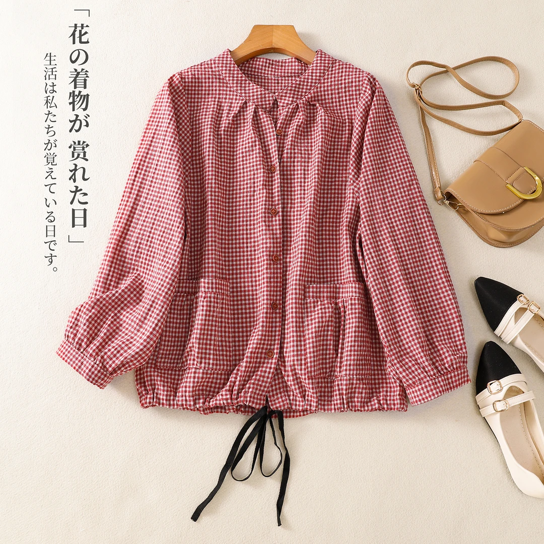 棉麻细格子衬衫女秋季宽松文艺复古休闲红色格纹下摆系带长袖衬衣
