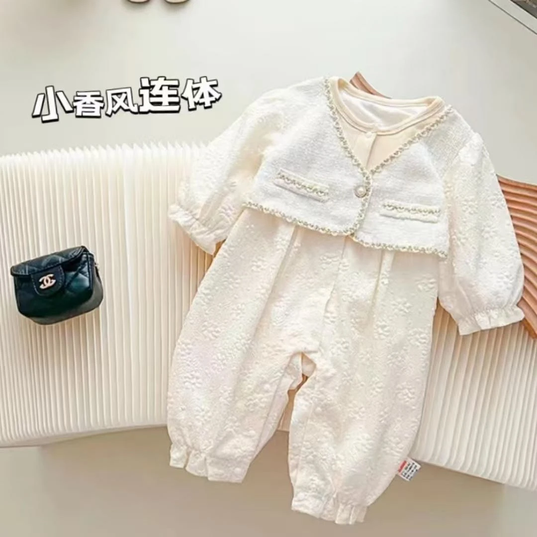 小香风长袖假马甲连体 春秋新款女宝宝衣服甜美公主风