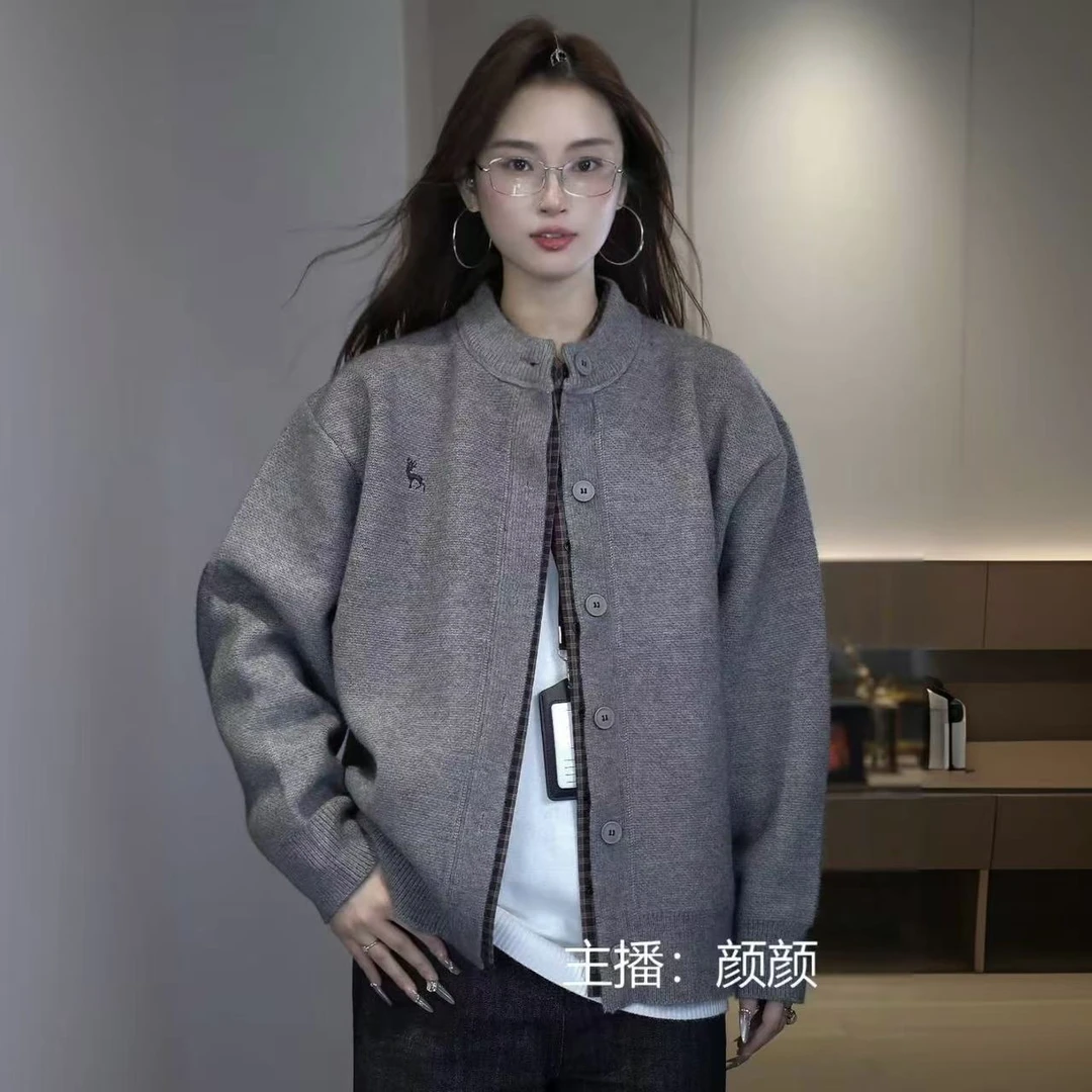 Beauline秋冬季拼接开衫针织男女同款常规毛衣针织衫短款情侣外套