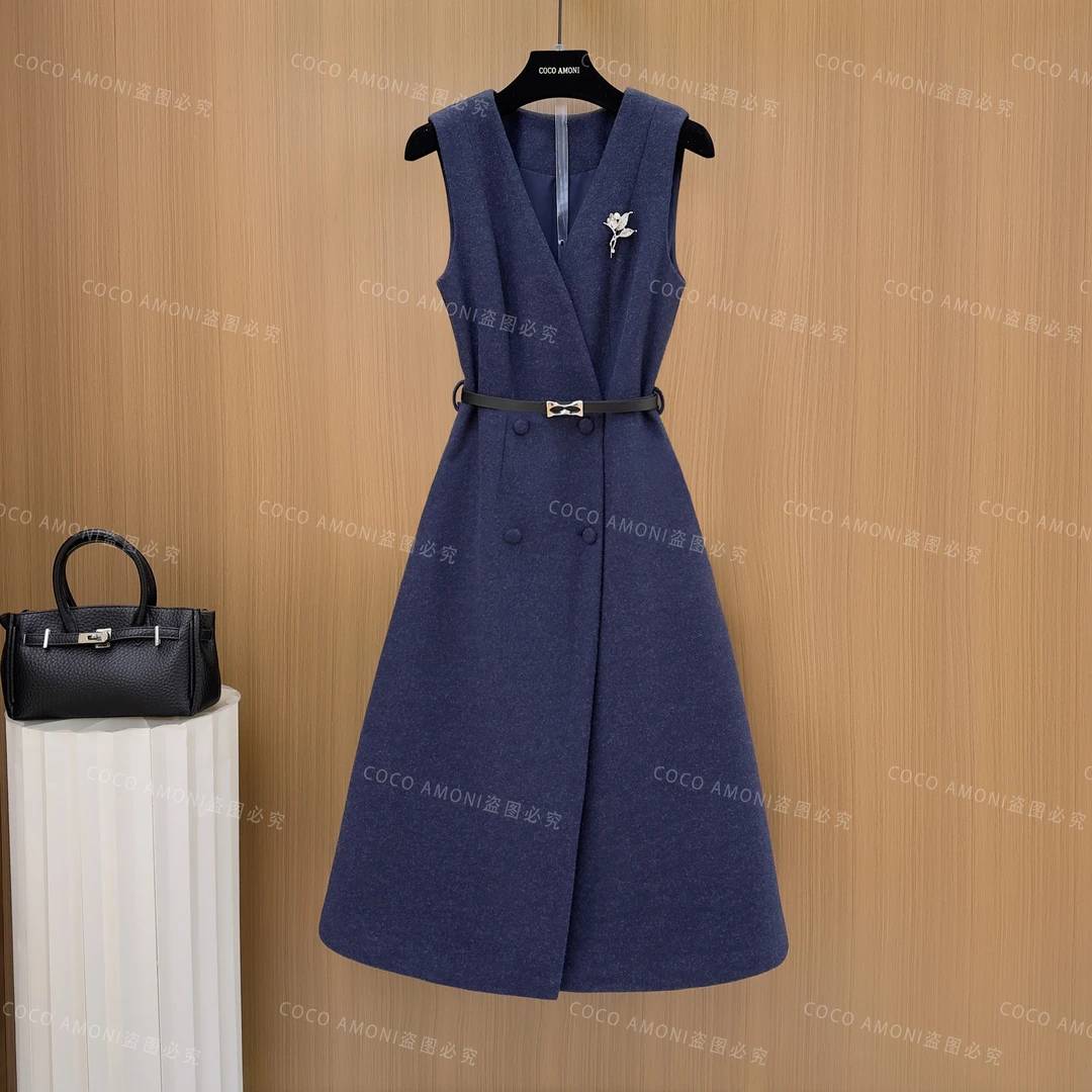 [曼姐]新款秋冬法式设计师女装拼接收腰显瘦气质连衣裙WXH1056