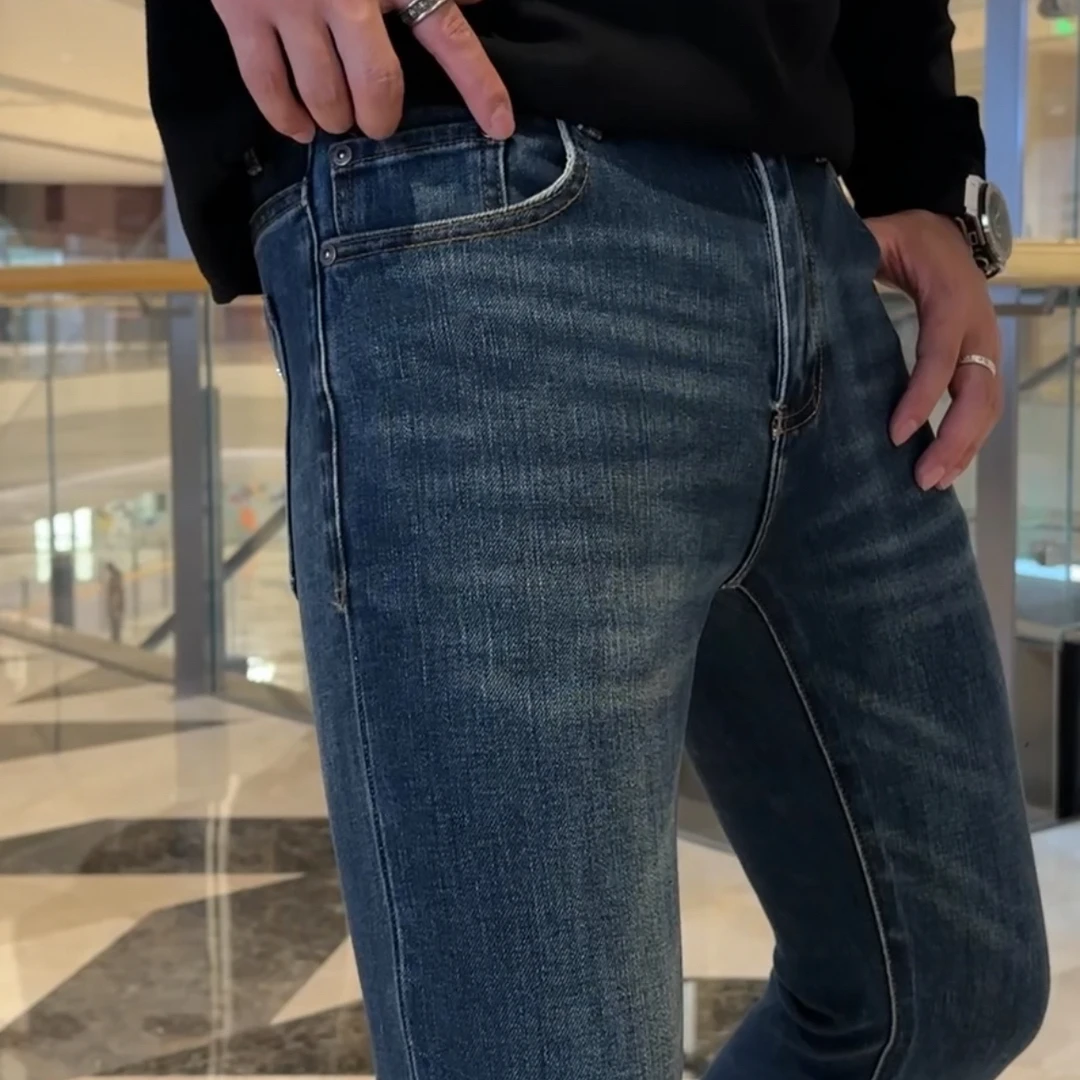 2025秋冬新款男士蓝色牛仔裤 百搭弹力休闲修身小脚长裤