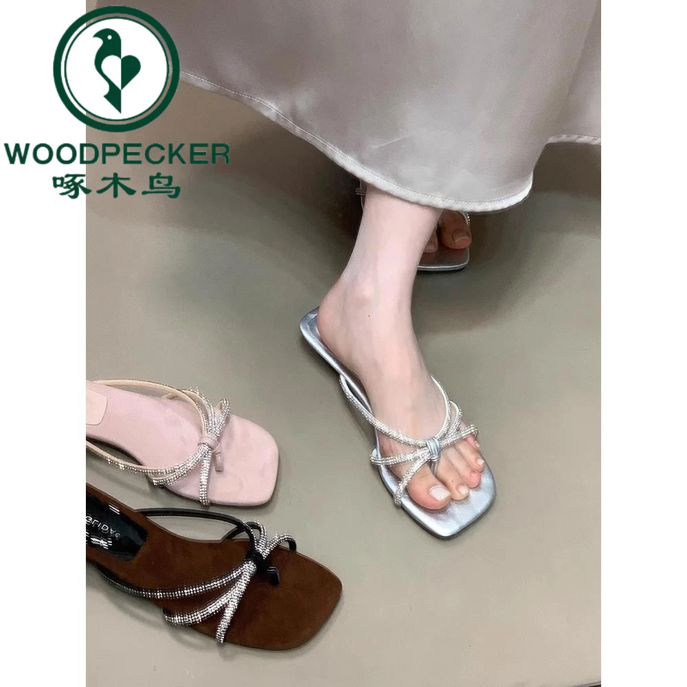 啄木鸟夹趾细带水钻沙滩粉色凉拖鞋女鞋2025新款夏季度假一字拖女