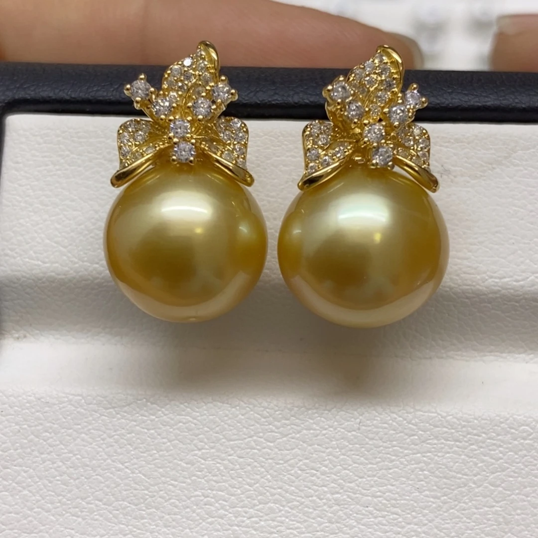 银S925镶嵌耳饰海水珍珠金珠浓金耳饰12-13m m