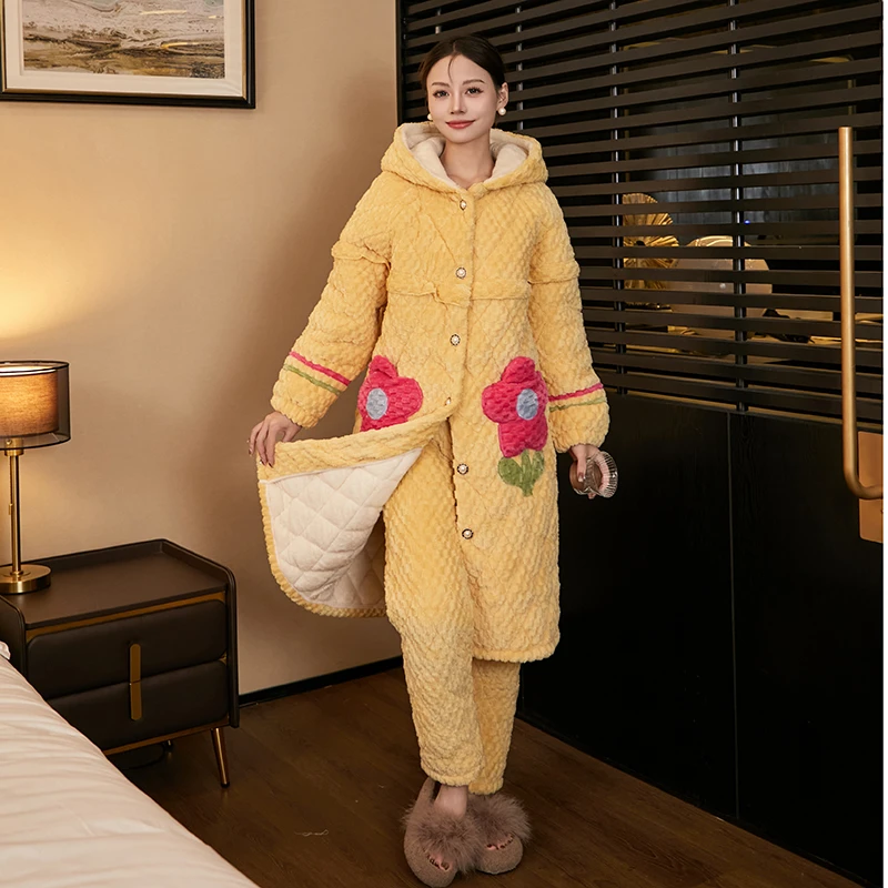 劲羽#P1008荷叶花边时尚加绒加厚保暖套装女士睡衣家居服可外穿MM