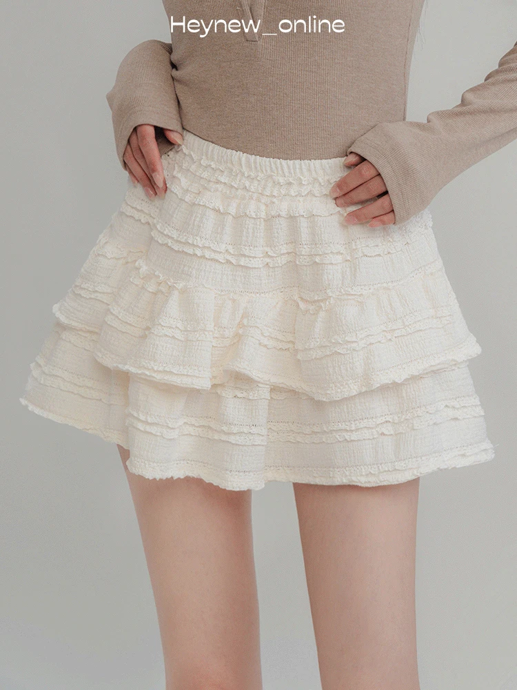 【公主降临】杏色松紧腰半身裙女蓬蓬白色短裙蛋糕裙流行爆款-4C154