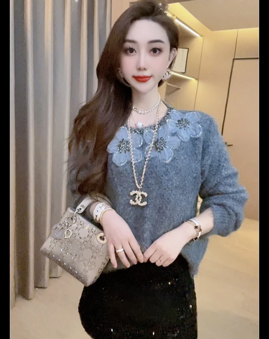 【初雪】重工钉珠轻奢百慵懒风针织上衣