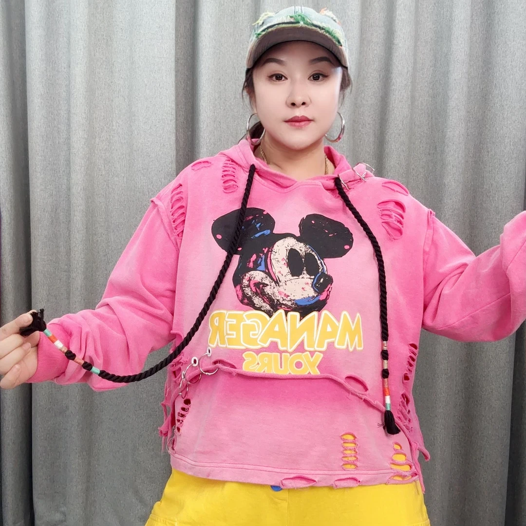 6575欧货春季新款时尚潮流洗水炒色假两件破洞米奇印花连帽卫衣