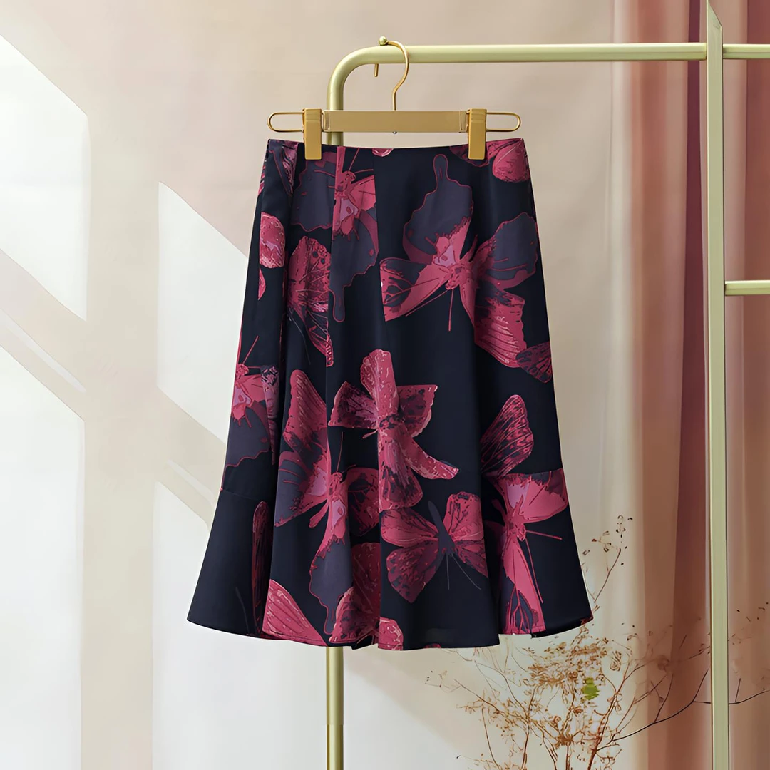 复古蝴蝶印花半身裙2025新款夏季小个子鱼尾裙中长款雪纺碎花裙子