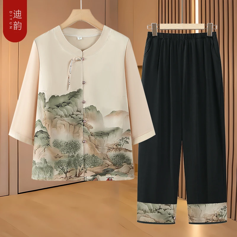 奶奶装薄款衬衫中老年女装夏装妈妈套装山水休闲上衣开衫老人衣服