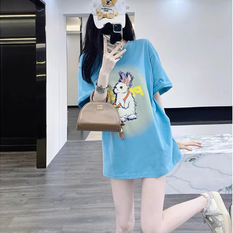 2025新款蓝色短袖t恤女夏季设计感小众潮牌纯棉半袖上衣女