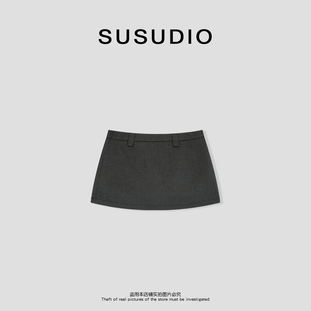 SUSUDIO③  夏季低腰显瘦高级感竖纹显瘦拼接假两件裤裙40362