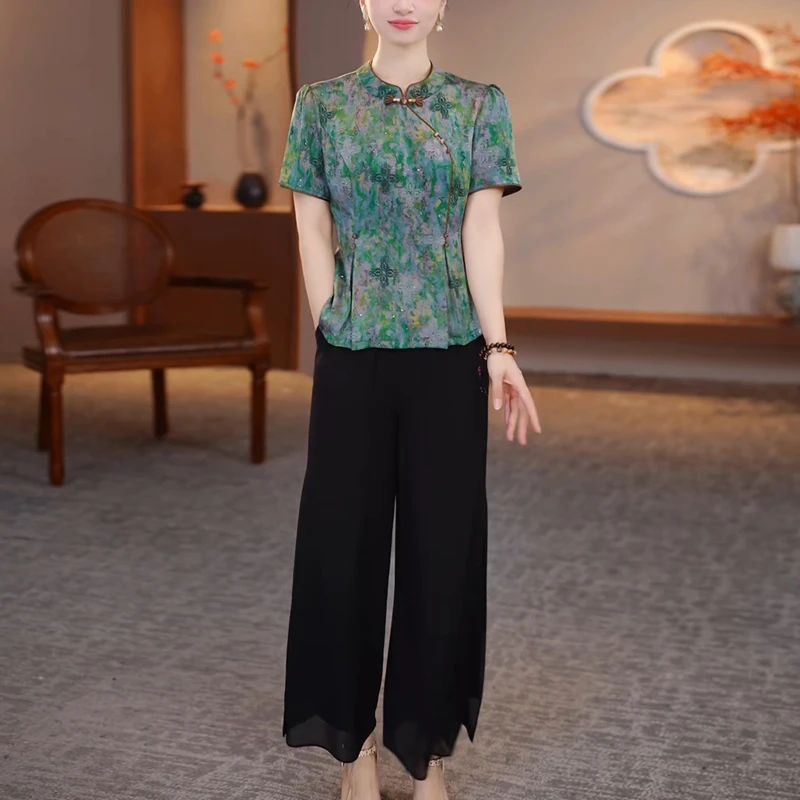 新中式国风套装女2025夏季新款妈妈装气质优雅显瘦阔腿裤两件套潮