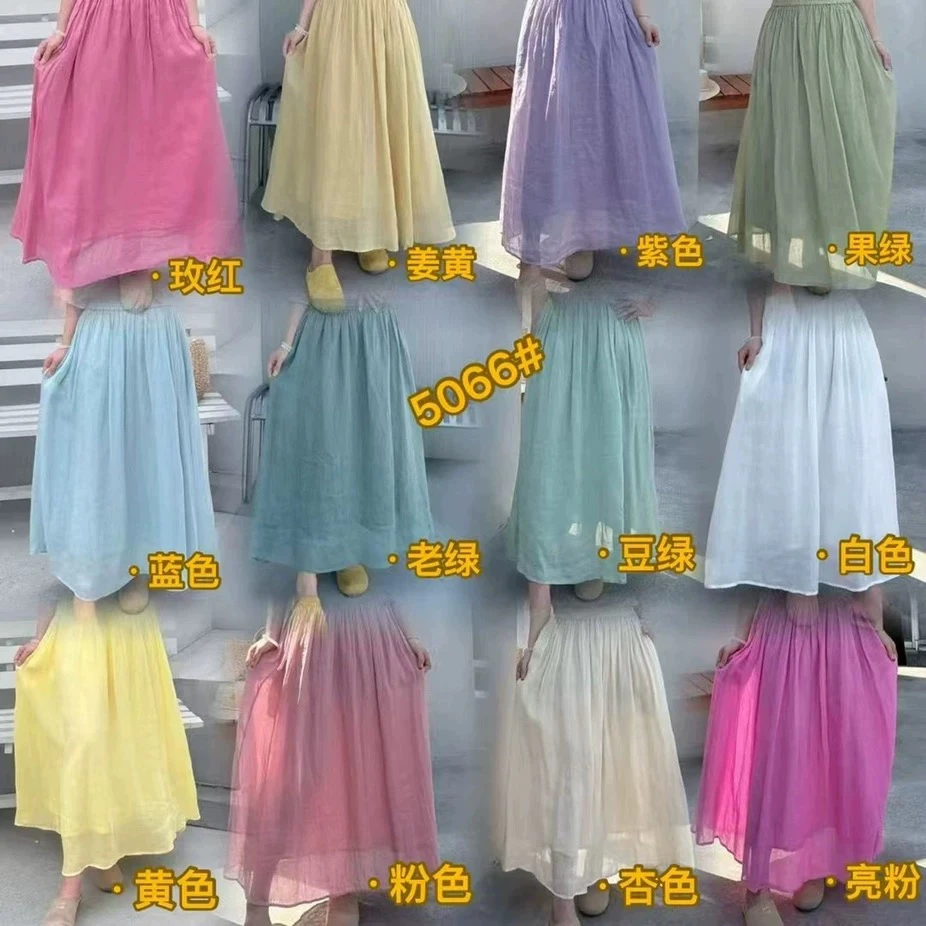夏季新款文艺复古纯色苎麻宽松大摆A字女士半身裙