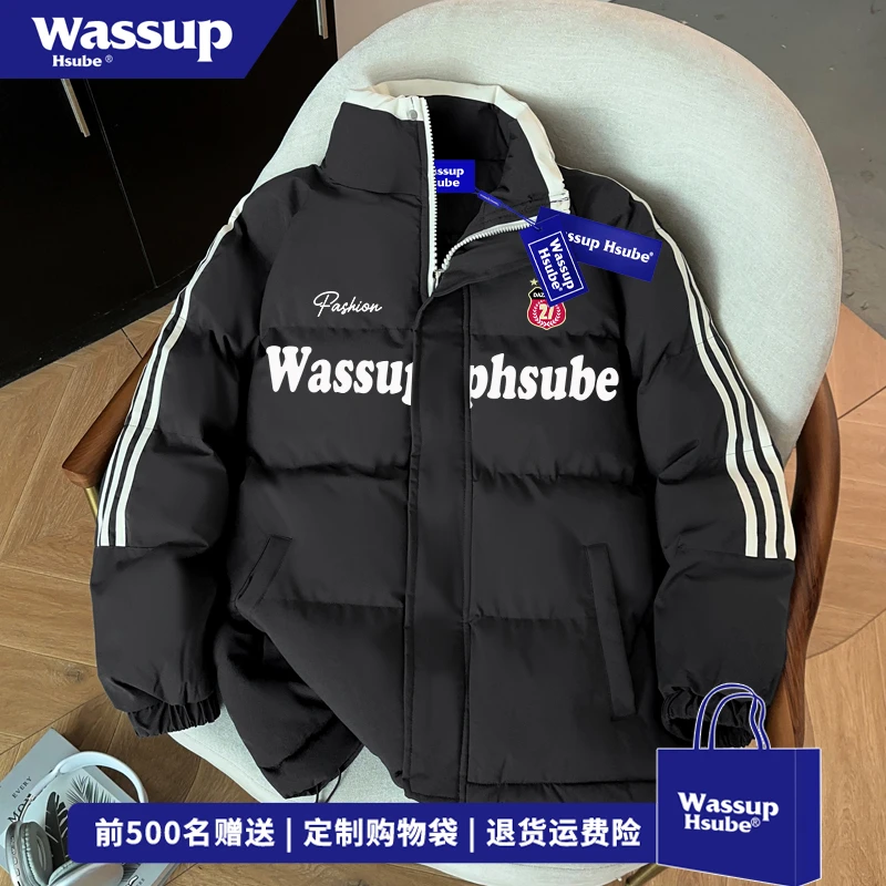 WASSUP HSUBE国潮牌盾标字母立领棉服男冬季高级感保暖三条杠外套