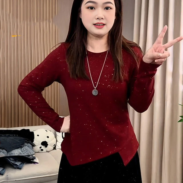 大码女装红色显白细闪收腰长袖t恤秋冬胖mm修身显瘦内搭打底上衣