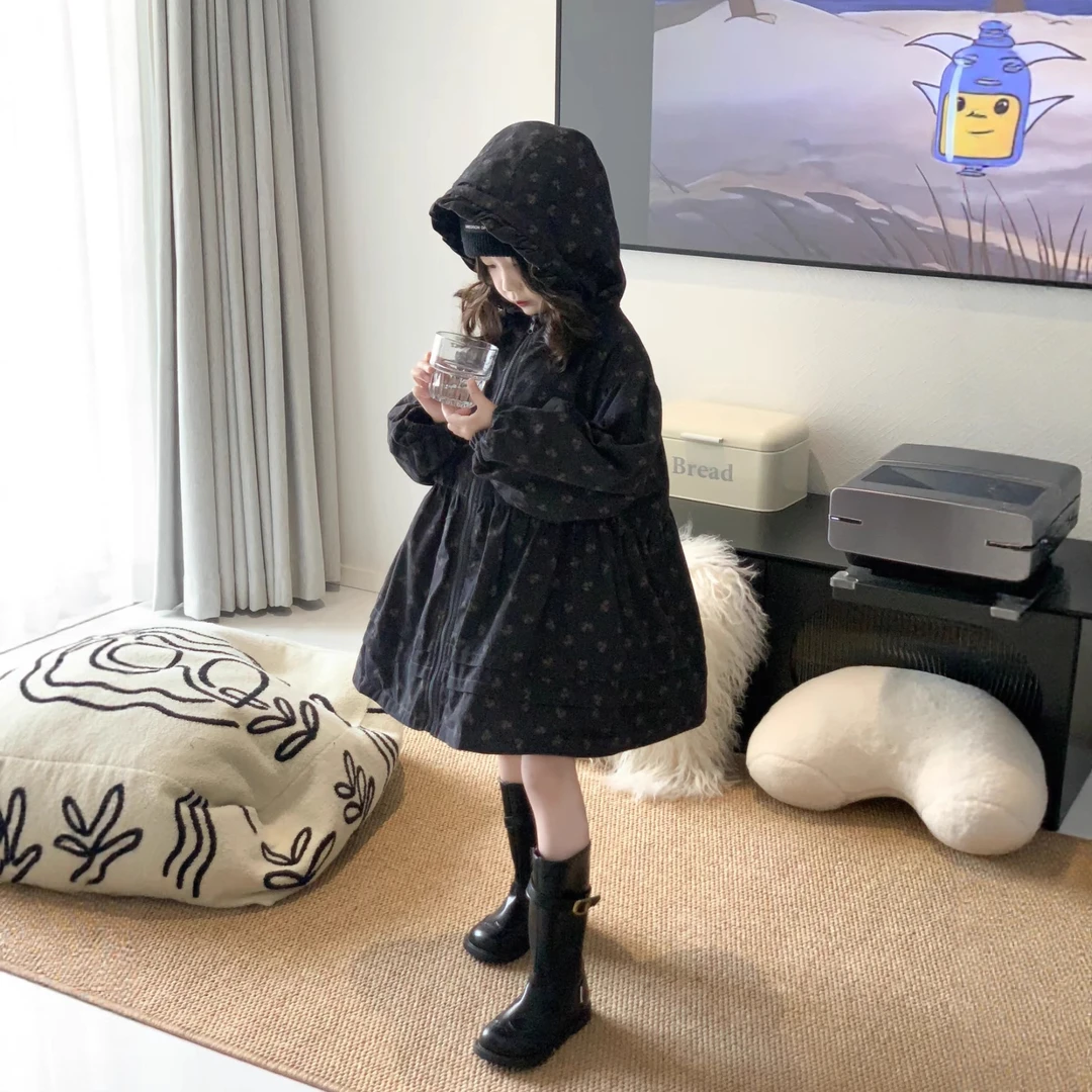 韩式童装2025冬季新款复古女童春秋双面穿碎花中长款休闲风衣外套