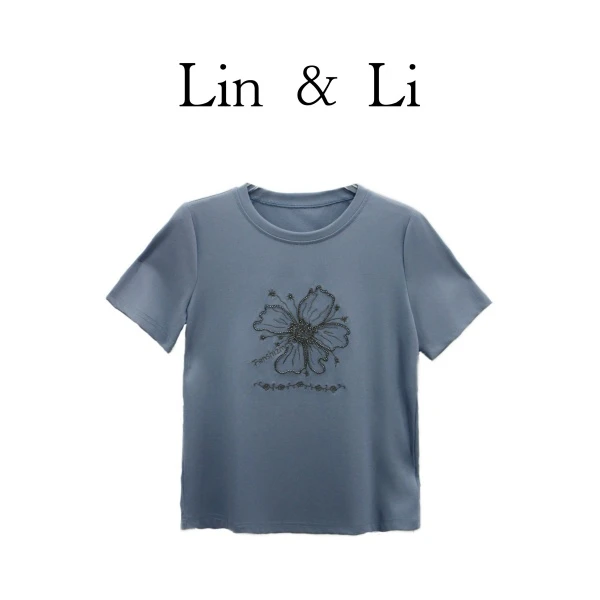 《林李上新》8575新款刺绣钉珠夏季时尚休闲宽松百搭短袖女士T恤