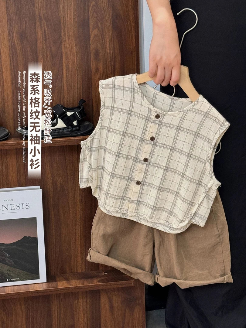 《夏上新》森系文艺范童装男女儿童棉麻上衣娃娃衫无袖T恤25XL1258