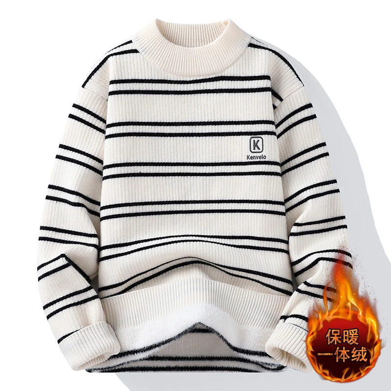 加绒加厚一体绒半高领男士条纹针织衫休闲保暖冬季新款毛衣男8613