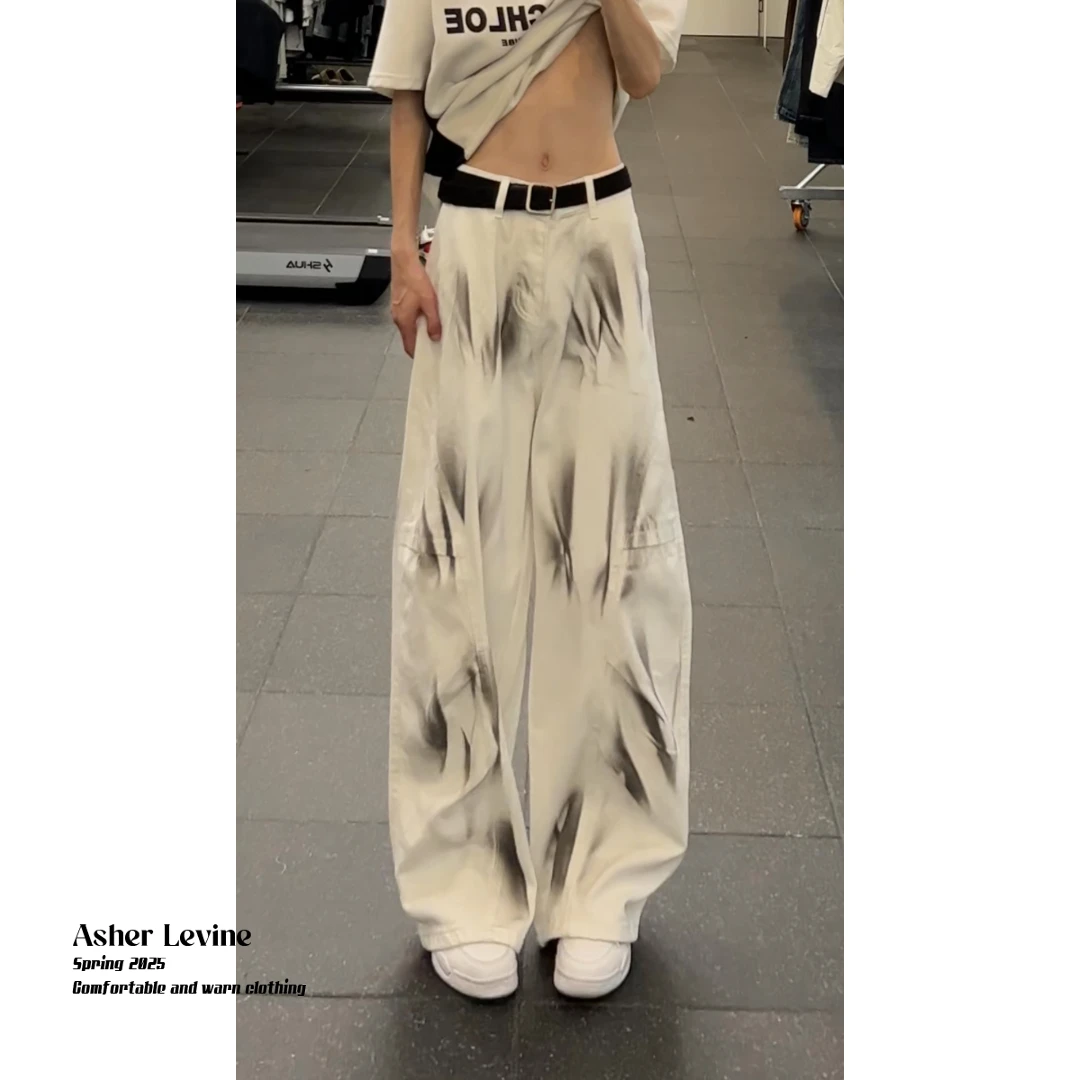 水洗涂鸦扎染牛仔裤男款秋季美式街头帅炸街宽松百搭直筒阔腿裤子