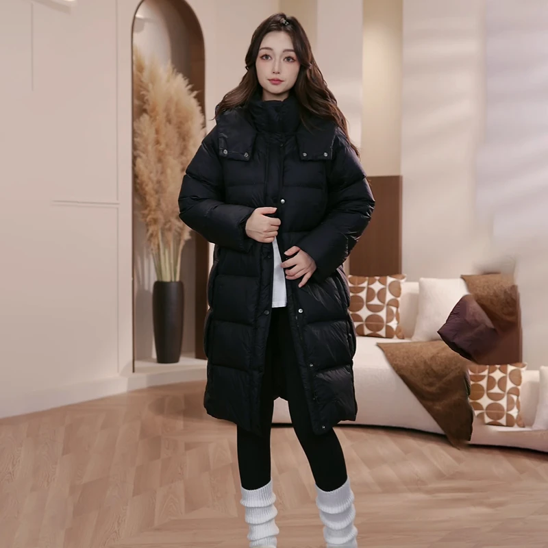 25年冬季新款羽绒服90白鸭绒长款女宽松时尚加厚连帽保暖韩版外套