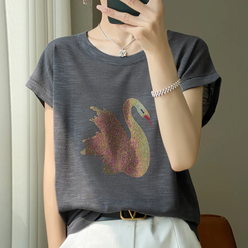 T夏季新款竹节麻小天鹅高温烫钻针织短袖T恤气质百搭薄款透气宽松