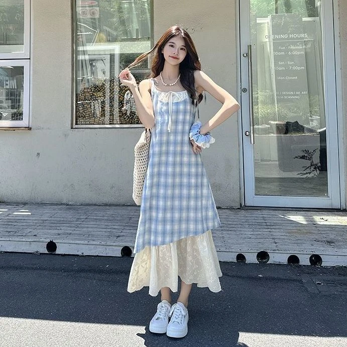 2025夏季新款假两件裙子蕾丝拼接格子吊带裙连衣裙女清新宽松显瘦
