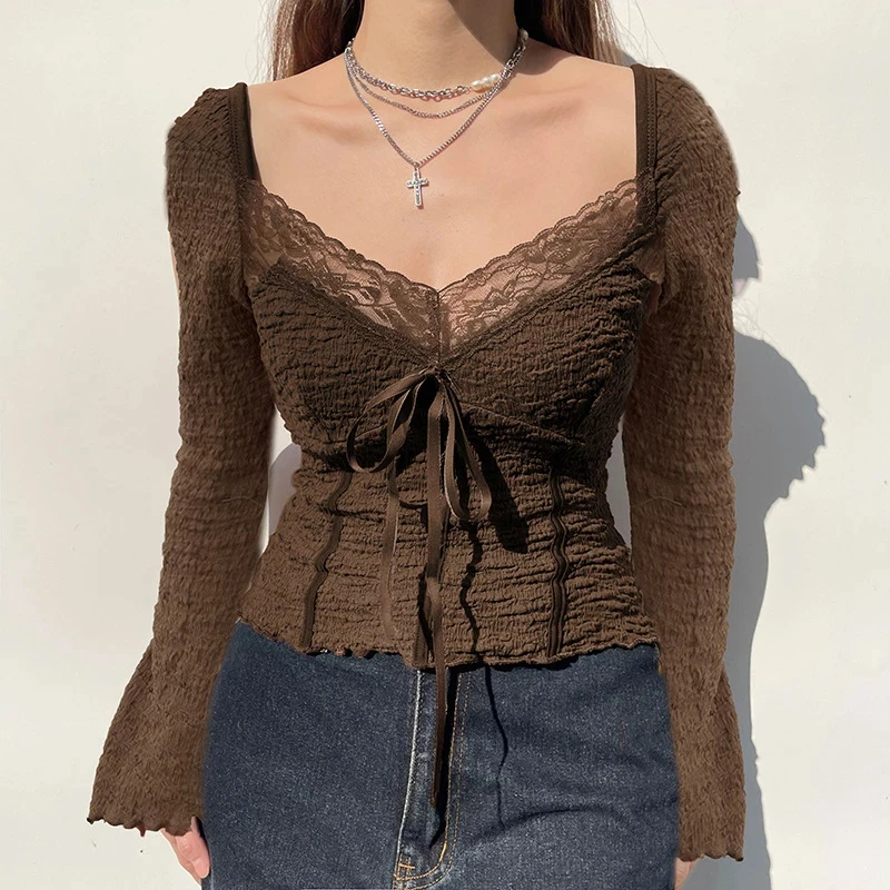 梦优莱法式蕾丝系带蝴蝶结长袖T恤女秋季新款打底衫修身显瘦上衣