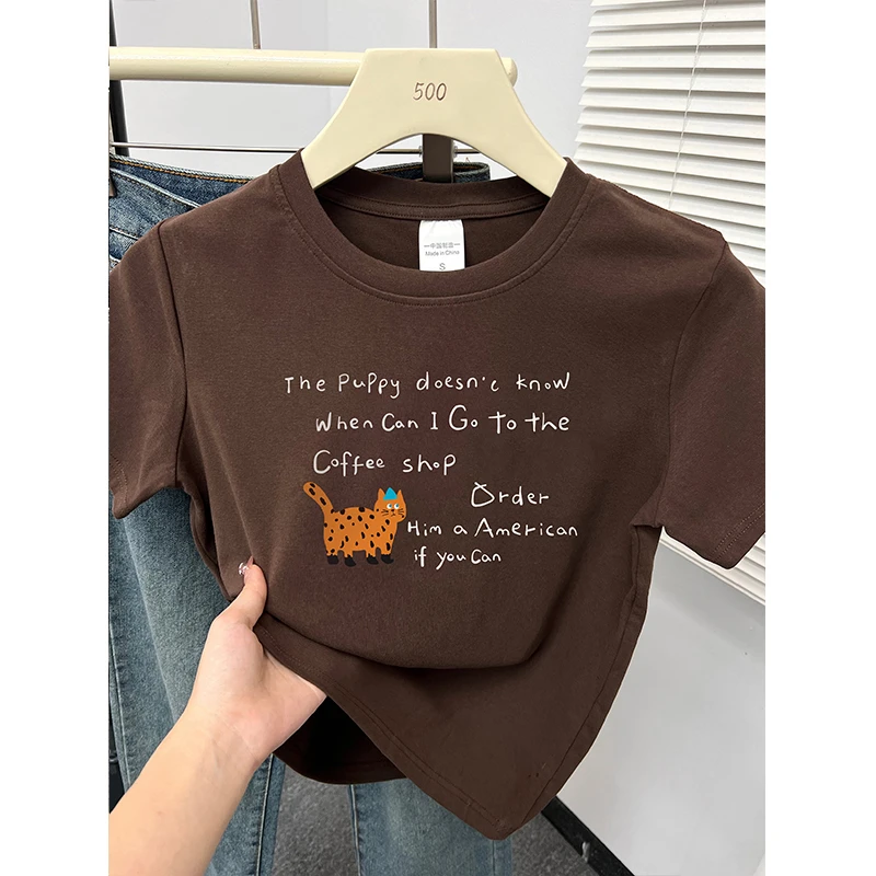 棕色显瘦正肩短袖t恤女夏新款韩版时尚设计感休闲百搭圆领上衣服