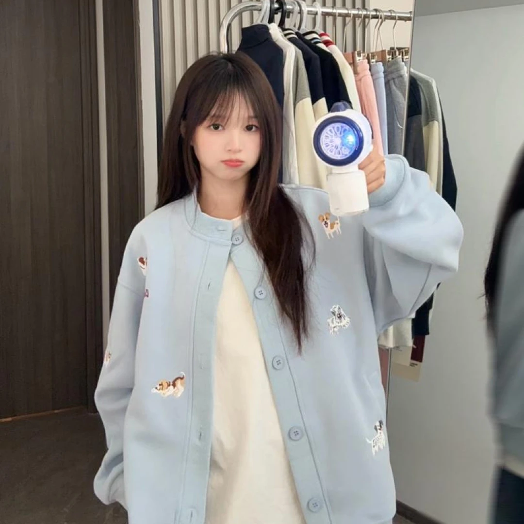 小狗绣花开衫夹克男女2025新款秋季情侣款潮流上衣外套休闲宽松