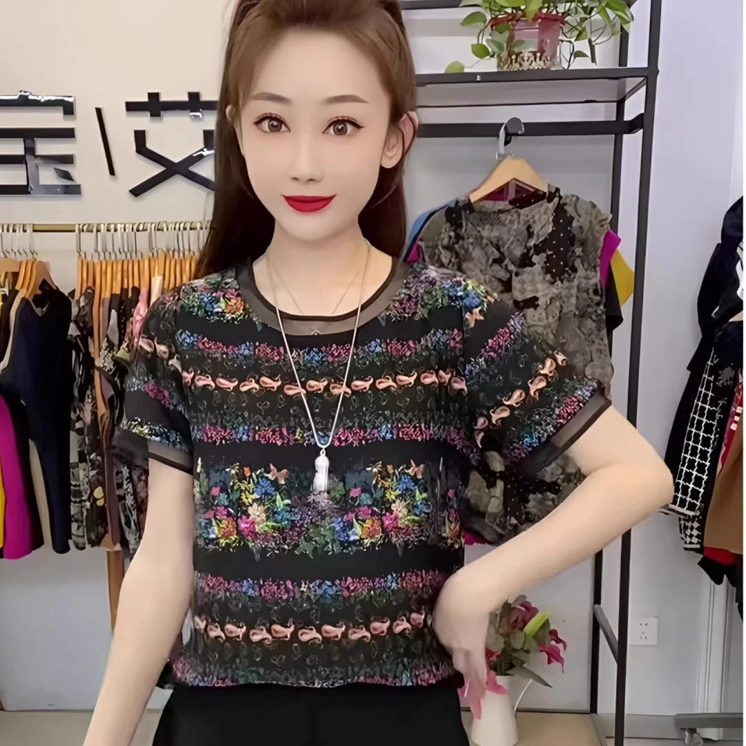 高级感上衣女夏季新款妈妈薄款透气短袖T恤宽松遮肚小衫