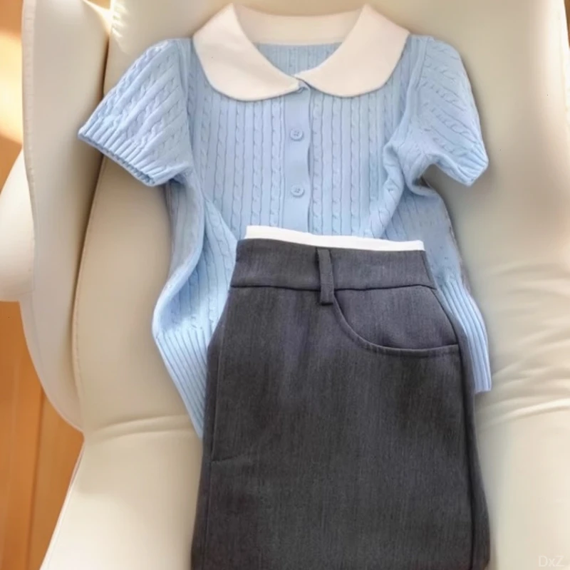 盐系娃娃领设计感冰丝针织T恤女2025夏季小个子修身显瘦别致上衣