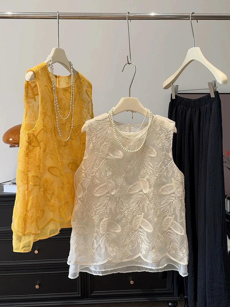 【运补6-8】新款重工立体刺绣薄纱圆领无袖女士夏季背心