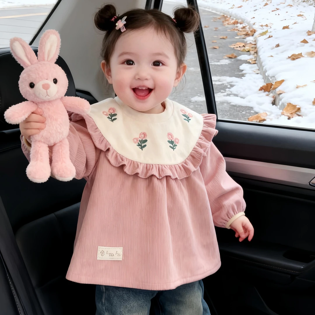 罩衣女宝宝秋冬加厚长袖防脏围裙儿童护衣外穿围兜可爱荷叶边饭衣