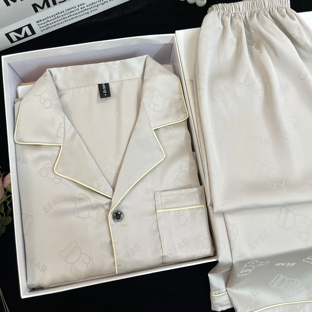 【薄款长袖】小熊香槟春秋四季男士情侣丝质缎面可外穿青年透气睡衣