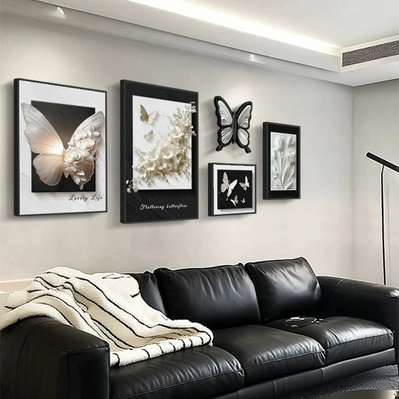现代简约黑白客厅装饰画高级蝴蝶卧室挂画花卉沙发背景墙壁画