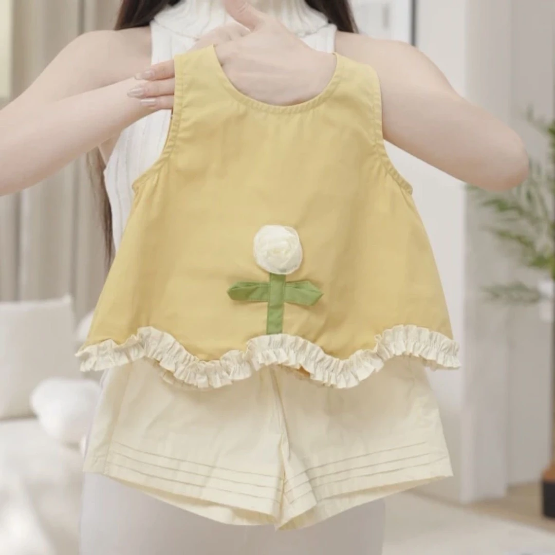 女童2025夏季新款女宝黄色立体小花无袖高级花边裙短裤套装两件套