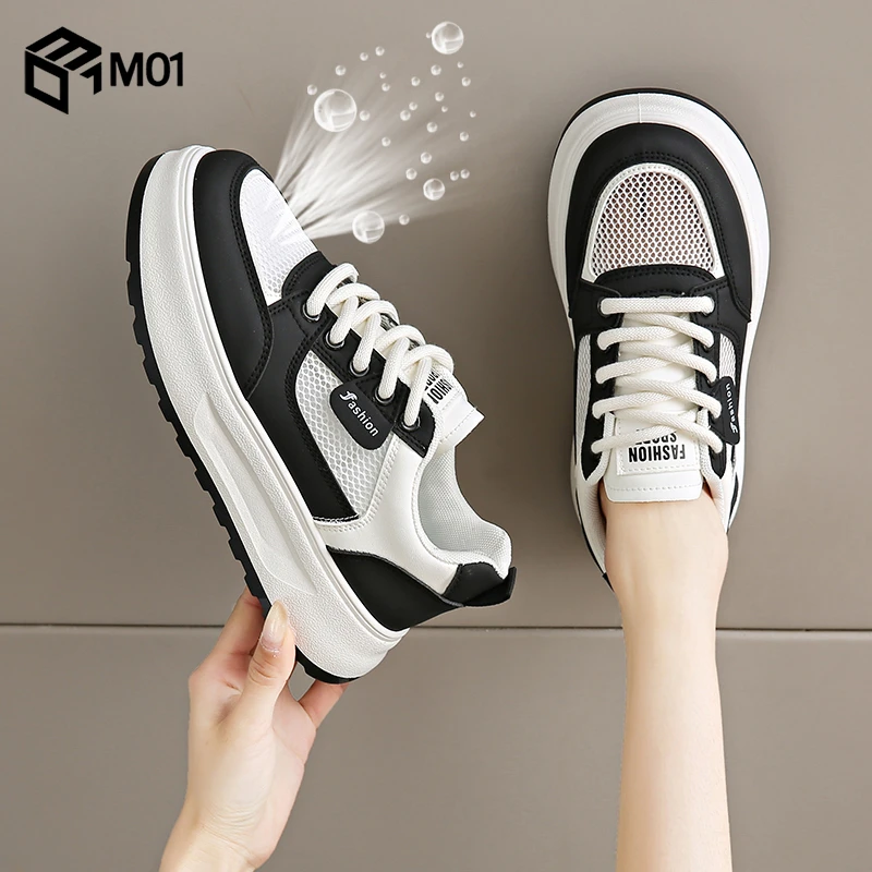 M01配裙子镂空厚底小白鞋女2025夏季透气单网鞋百搭网面运动板鞋