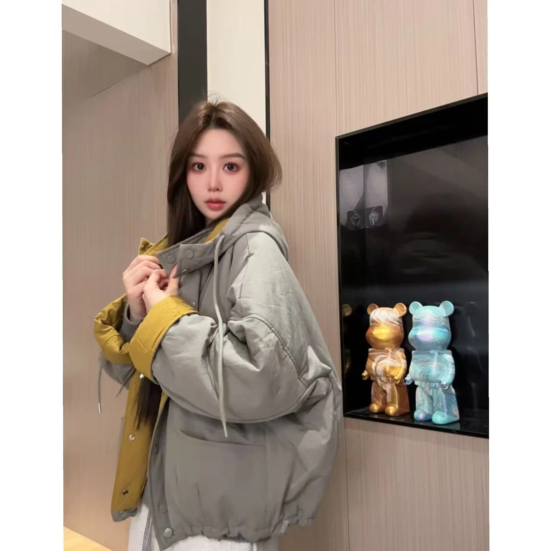 连帽纯色保暖棉服棉衣长款拼接长袖宽松型外套