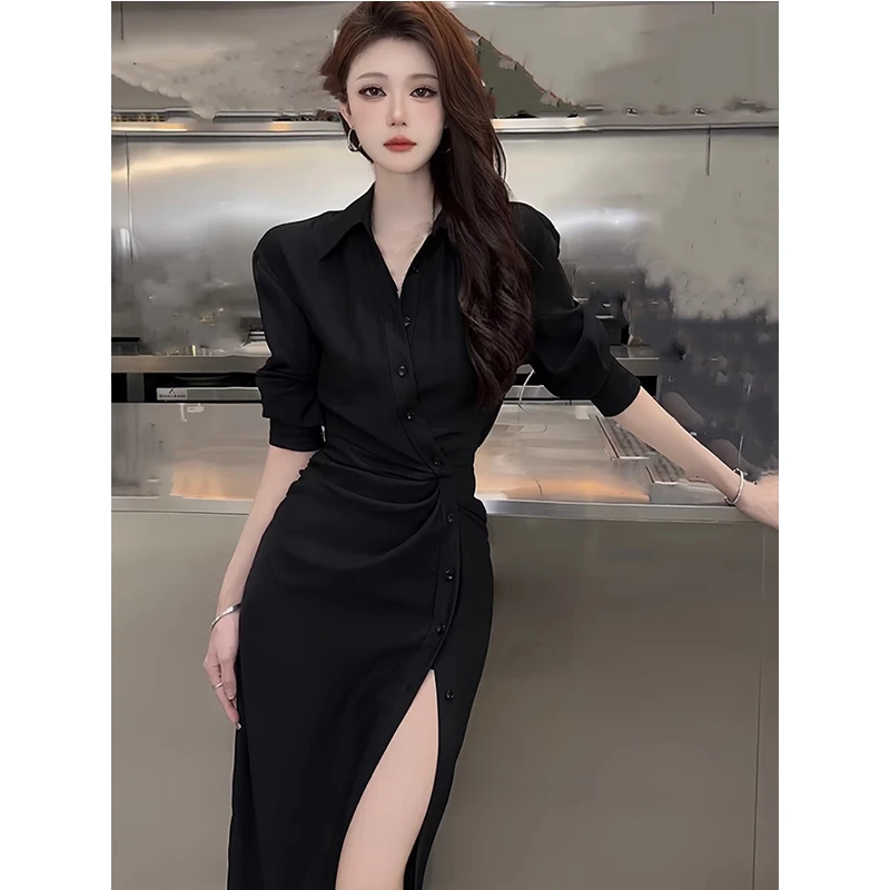 法式高级感衬衫连衣裙女春秋新款高冷御姐风气质开叉黑色包臀长裙